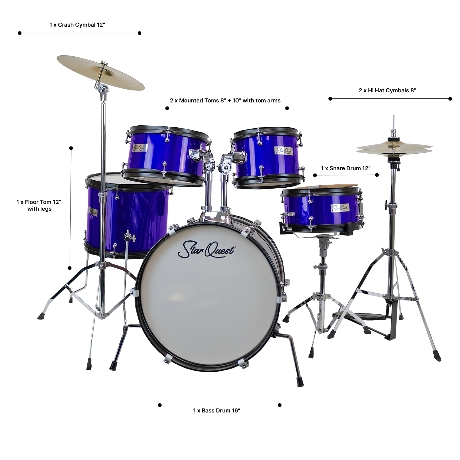 StarQuest SQ-DS-JR5-MBL Junior 5-Piece Drum Set – Premium Metallic Blue Finish – Perfect for Young Drummers and Beginners, High Quality
