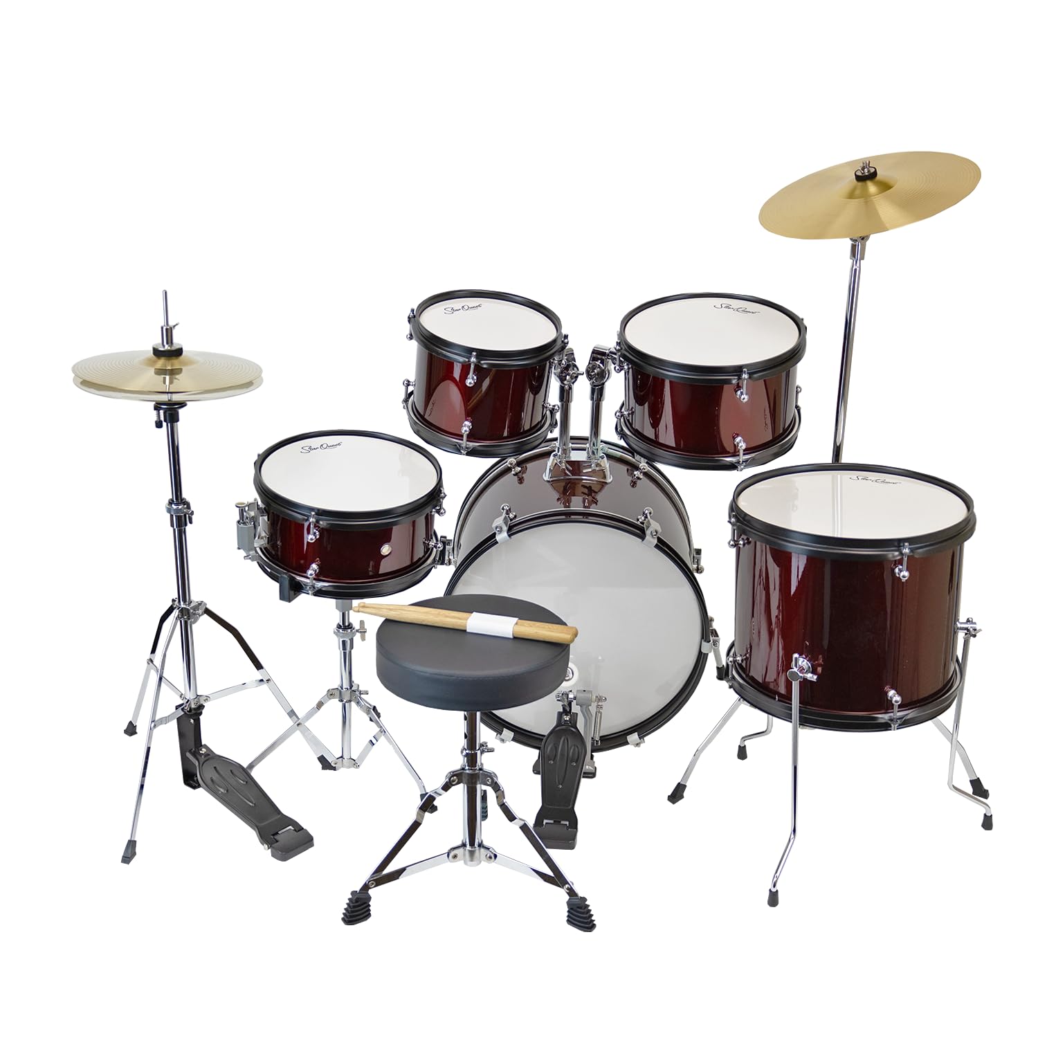 StarQuest SQ-DS-JR5-MWR Junior 5-Piece Drum Set – Metallic Wine Red Finish – Perfect for Young Drummers and Beginners, High Quality
