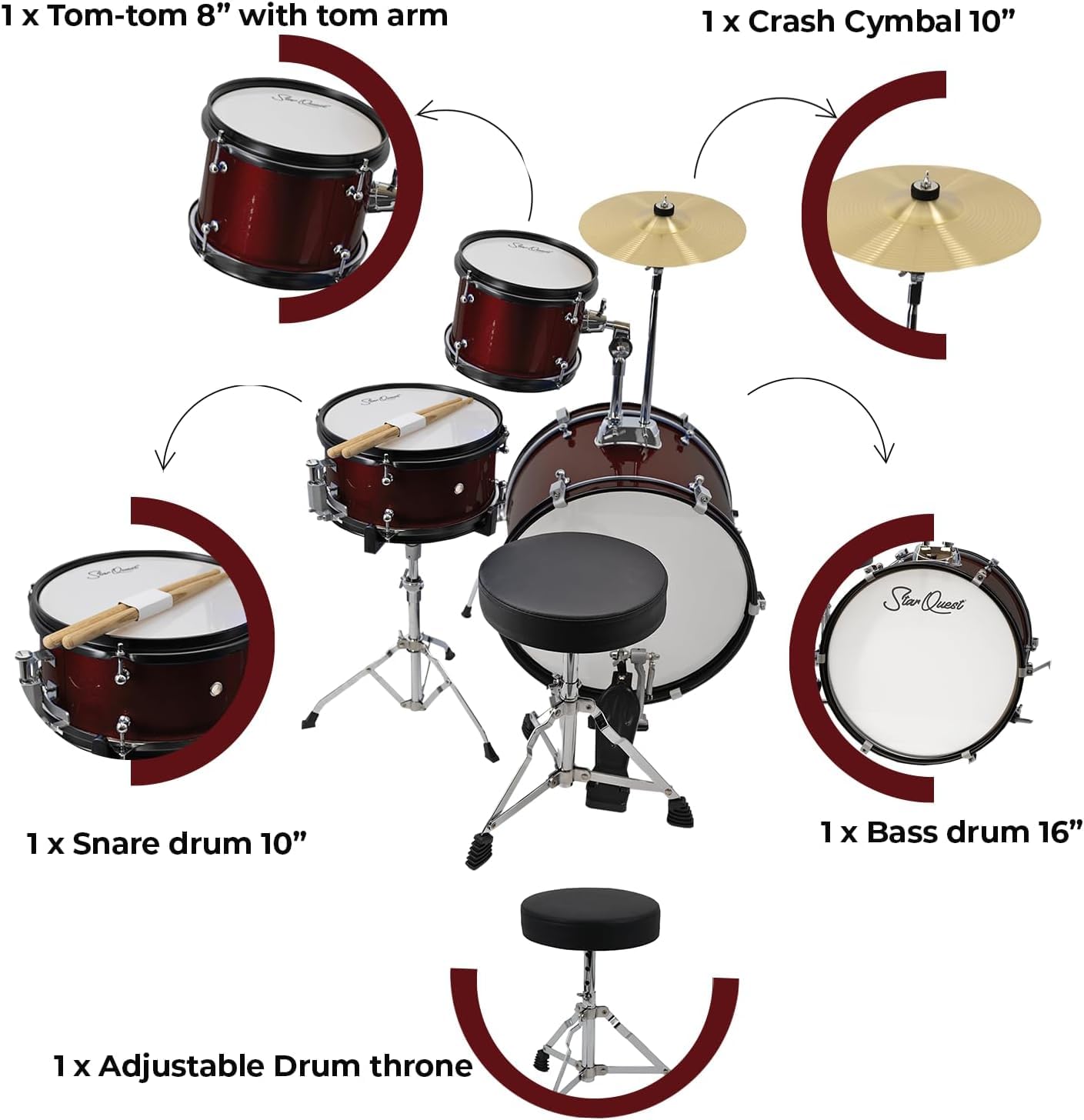 StarQuest SQ-DS-JR3-MWR Junior 3-Piece Drum Set – Premium Metallic Wine Red Finish – Perfect for Young Drummers and Beginners, High Quality