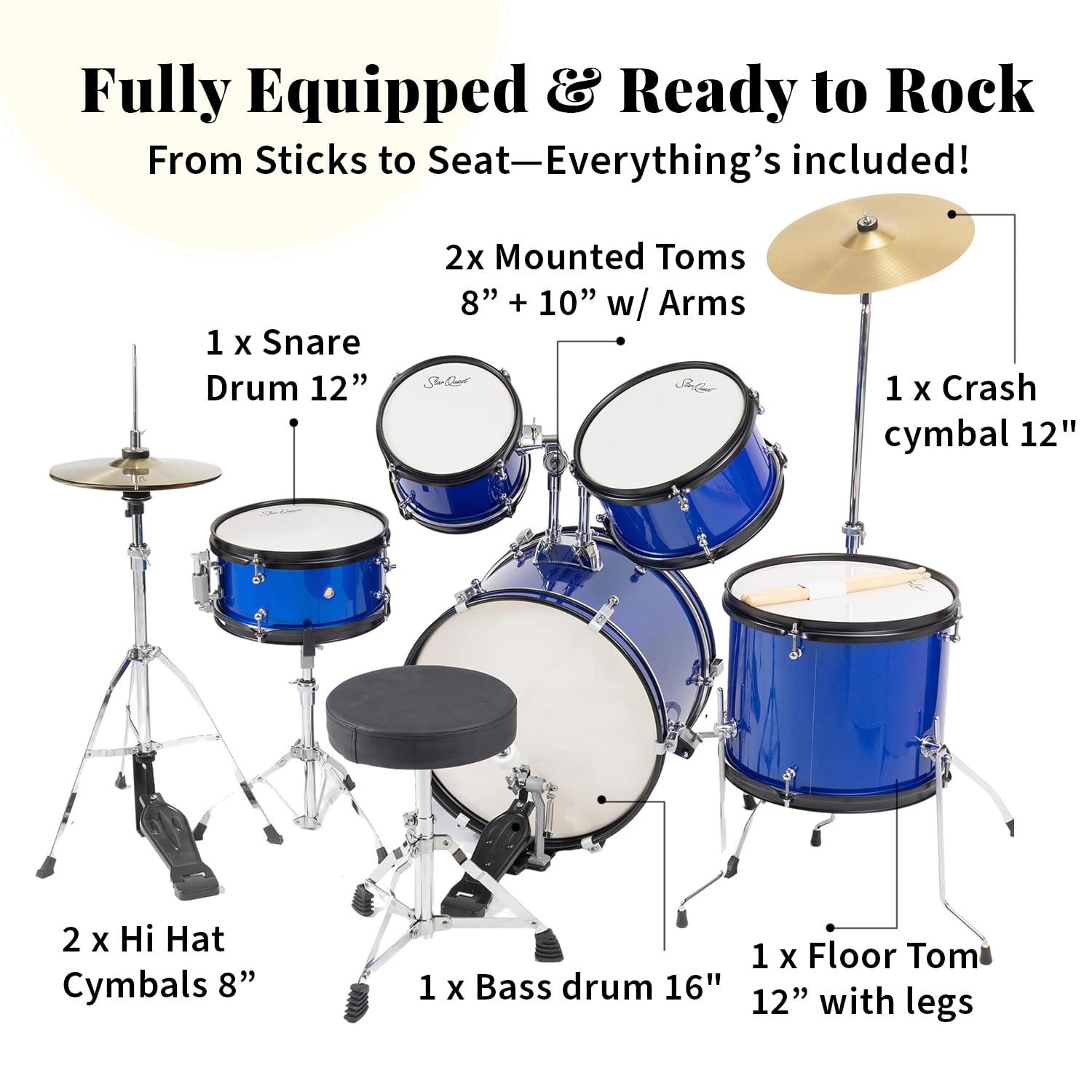 StarQuest Junior 5-Piece Drum Set | Premium Metallic Blue Finish