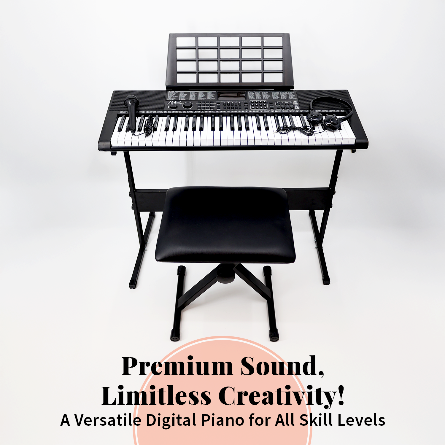 StarQuest 61 Key Portable Electronic Keyboard Piano Kit – Digital Piano for Beginners and Experienced Musicians, With Stand, Bench, Headphones, & Microphone