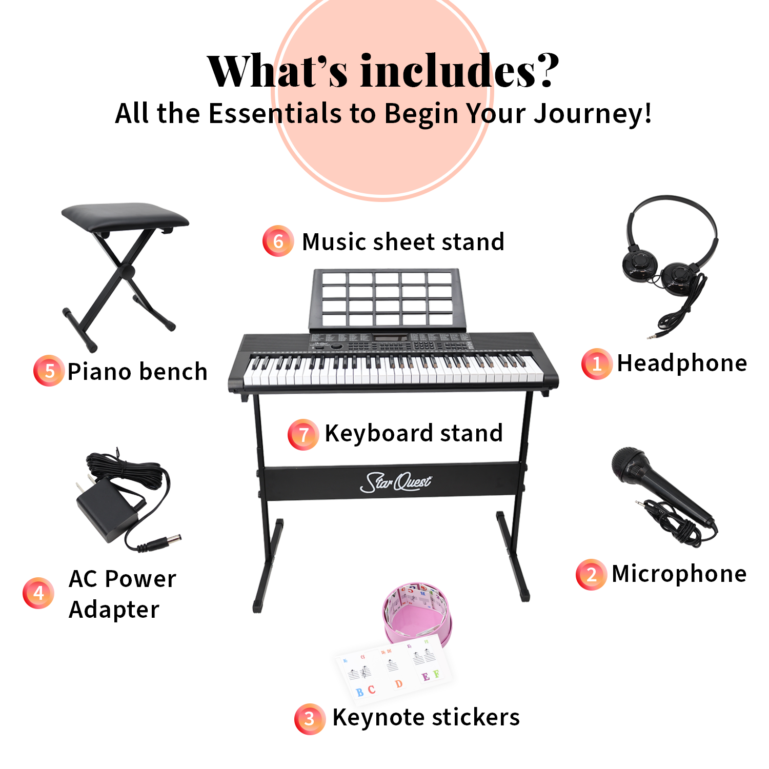 StarQuest 61 Key Portable Electronic Keyboard Piano Kit – Digital Piano for Beginners and Experienced Musicians, With Stand, Bench, Headphones, & Microphone