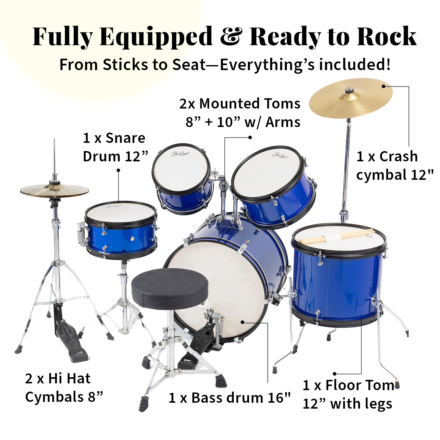 StarQuest Junior 5-Piece Drum Set | Premium Metallic Blue Finish