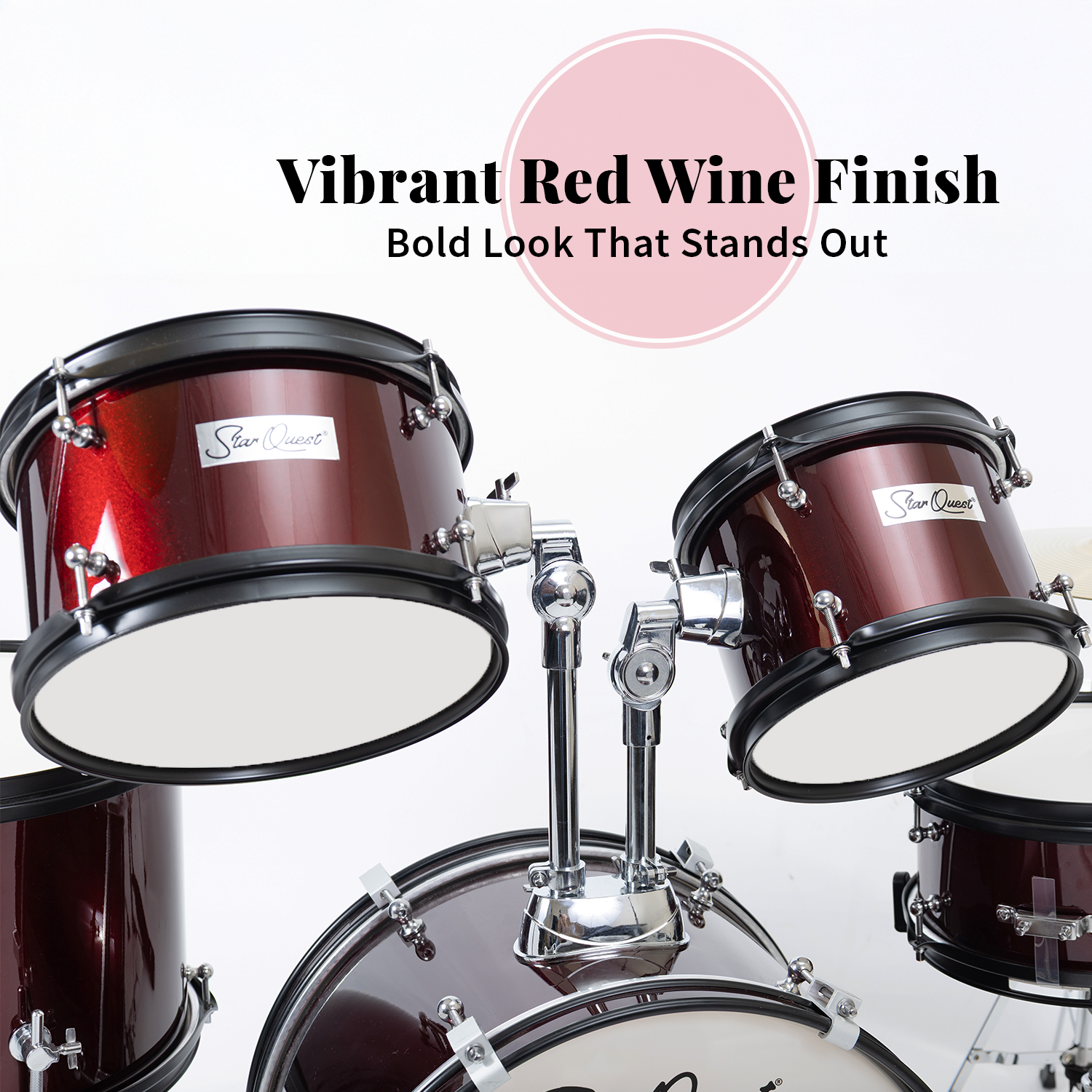 StarQuest SQ-DS-JR5-MWR Junior 5-Piece Drum Set – Metallic Wine Red Finish with Bass, Snare, Tom and Crash Cymbal – Perfect for Junior Drummers and Beginners