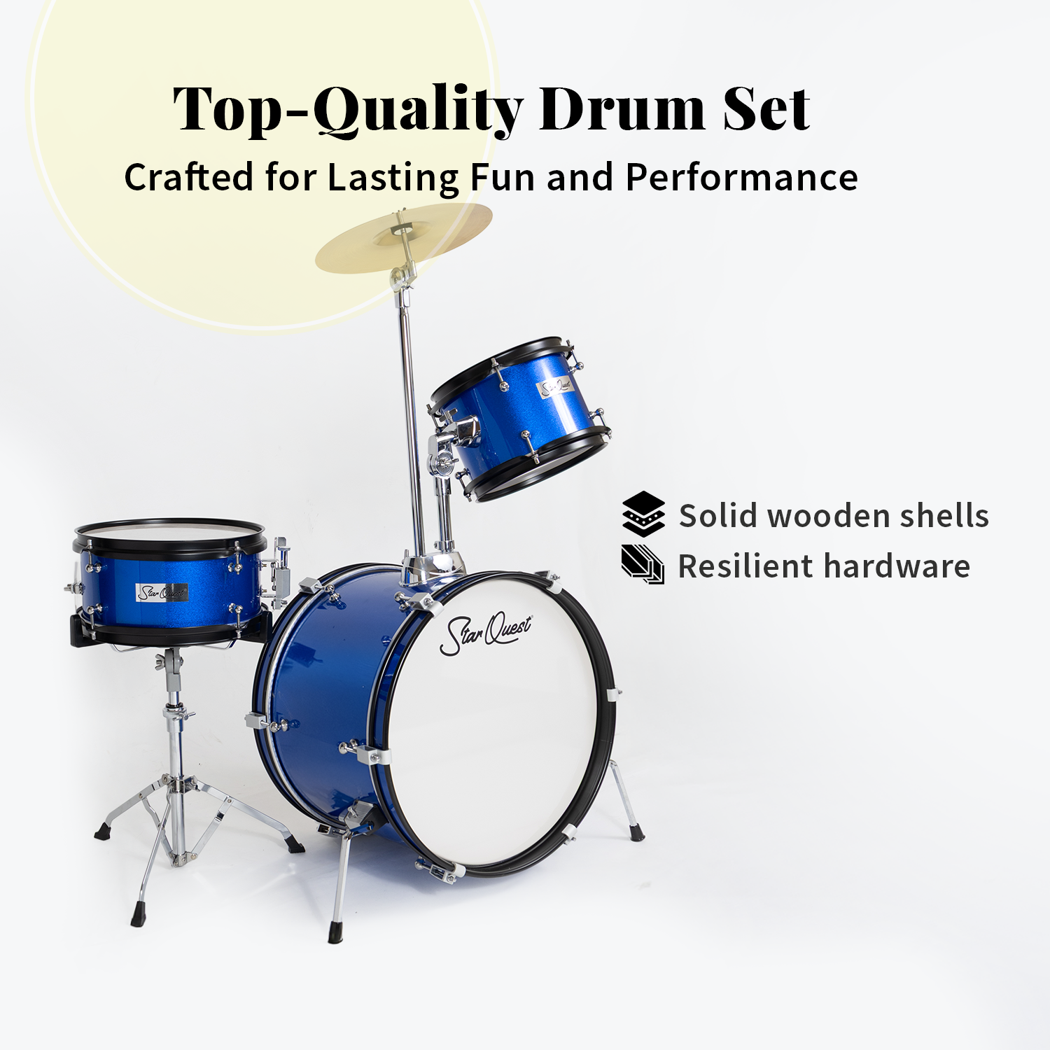 StarQuest Junior 3-Piece Drum Set – Premium Metallic Blue Finish with Bass, Snare, Tom and Crash Cymbal – Perfect for Junior Drummers and Beginners