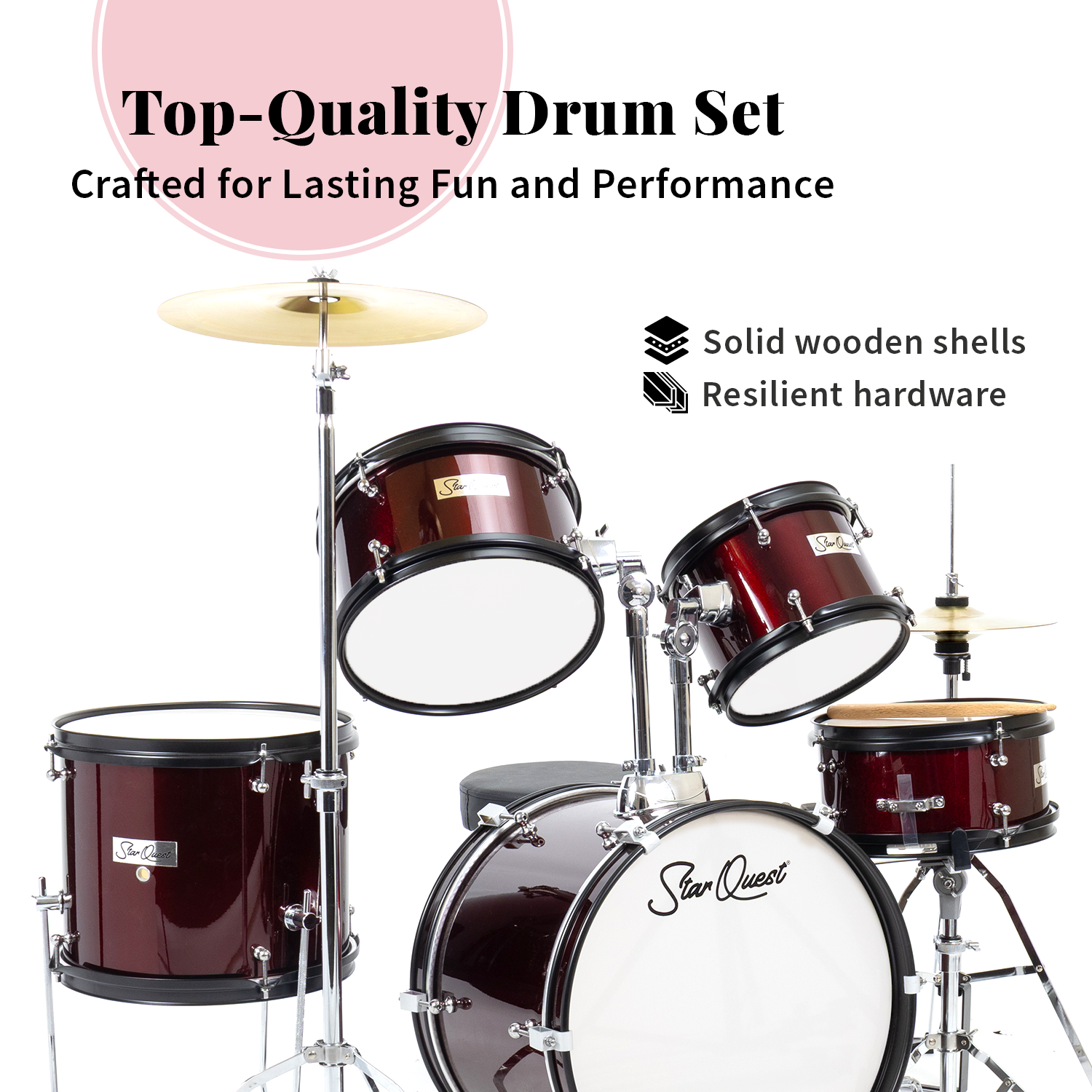 StarQuest SQ-DS-JR5-MWR Junior 5-Piece Drum Set – Metallic Wine Red Finish with Bass, Snare, Tom and Crash Cymbal – Perfect for Junior Drummers and Beginners