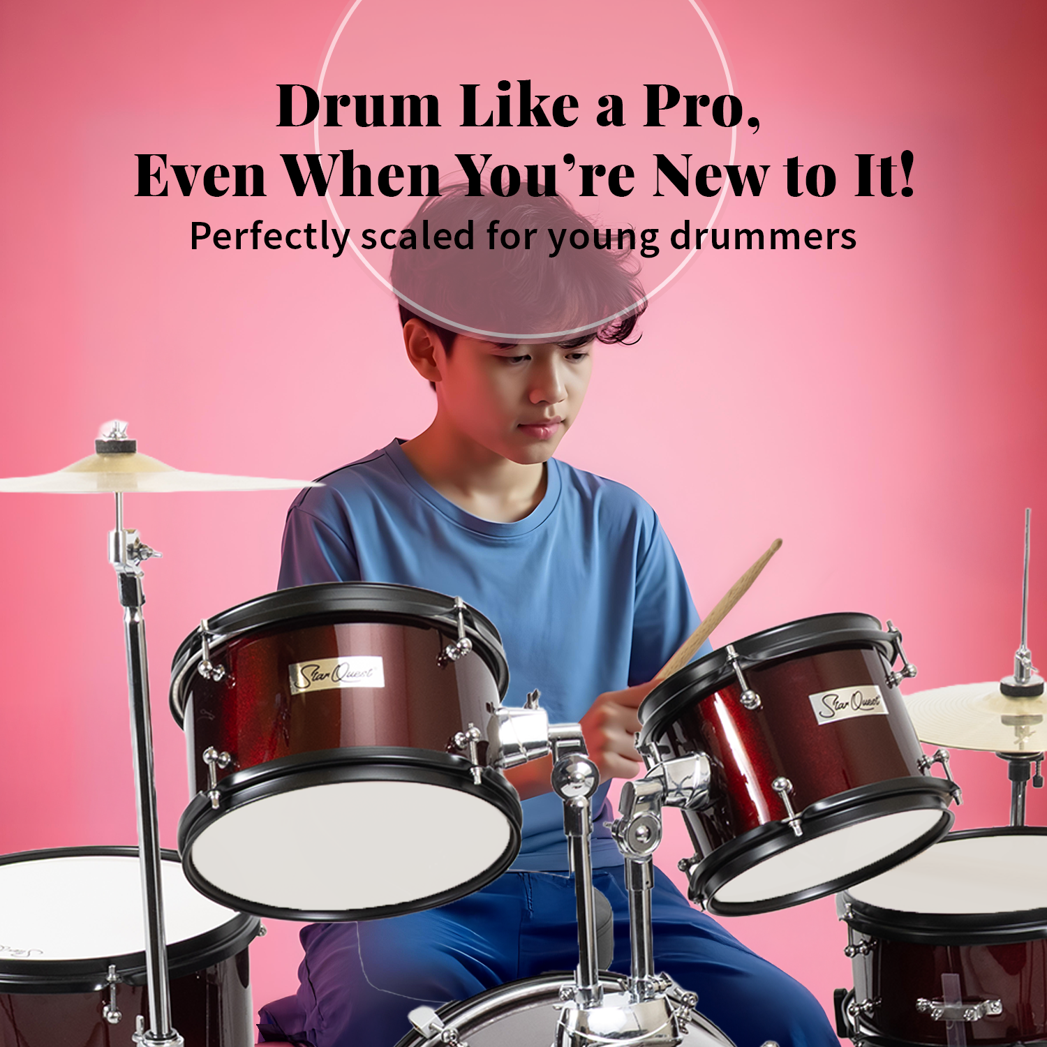 StarQuest SQ-DS-JR5-MWR Junior 5-Piece Drum Set – Metallic Wine Red Finish with Bass, Snare, Tom and Crash Cymbal – Perfect for Junior Drummers and Beginners