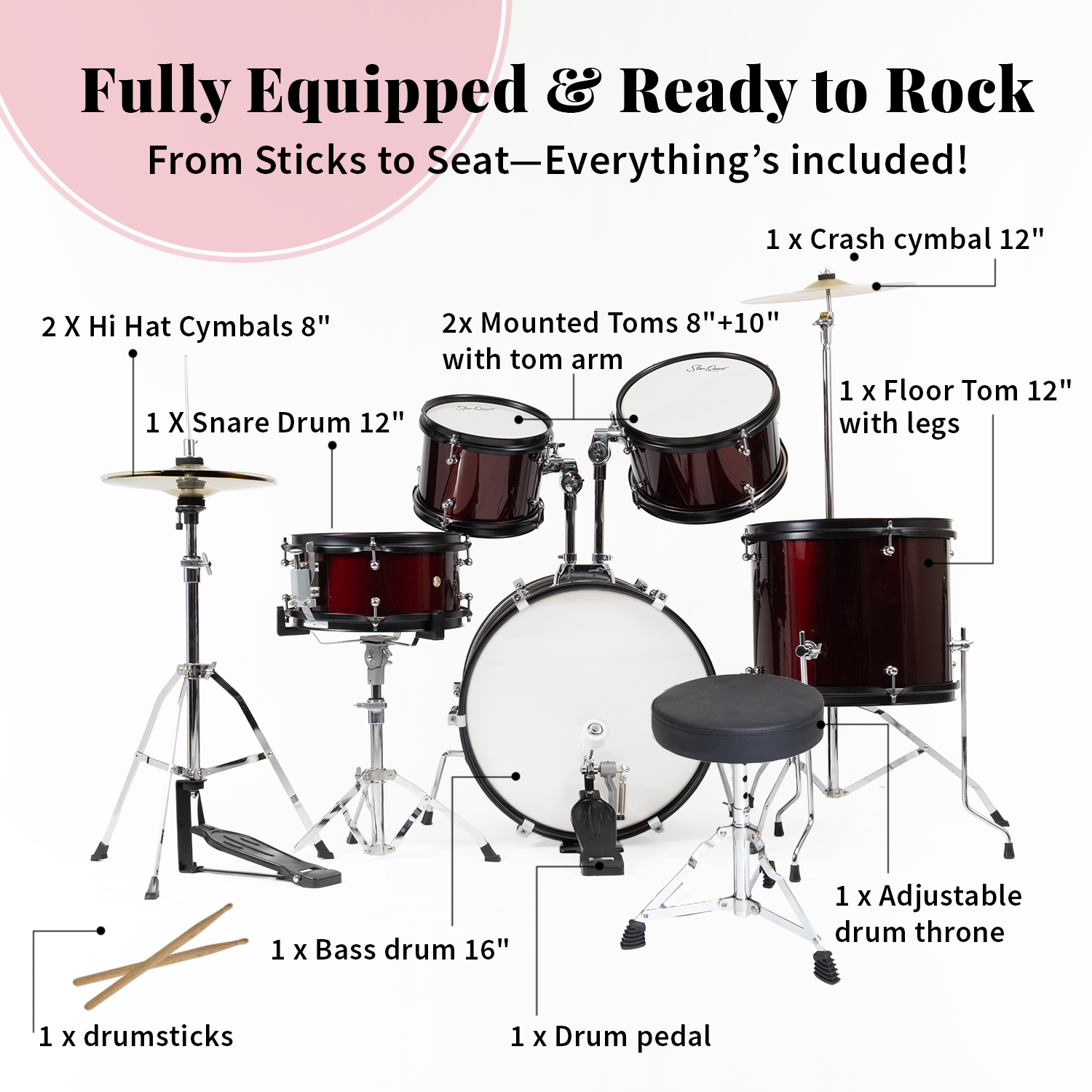 StarQuest SQ-DS-JR5-MWR Junior 5-Piece Drum Set – Metallic Wine Red Finish with Bass, Snare, Tom and Crash Cymbal – Perfect for Junior Drummers and Beginners