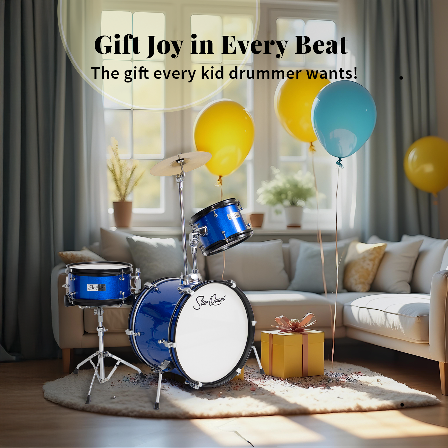 StarQuest Junior 3-Piece Drum Set – Premium Metallic Blue Finish with Bass, Snare, Tom and Crash Cymbal – Perfect for Junior Drummers and Beginners