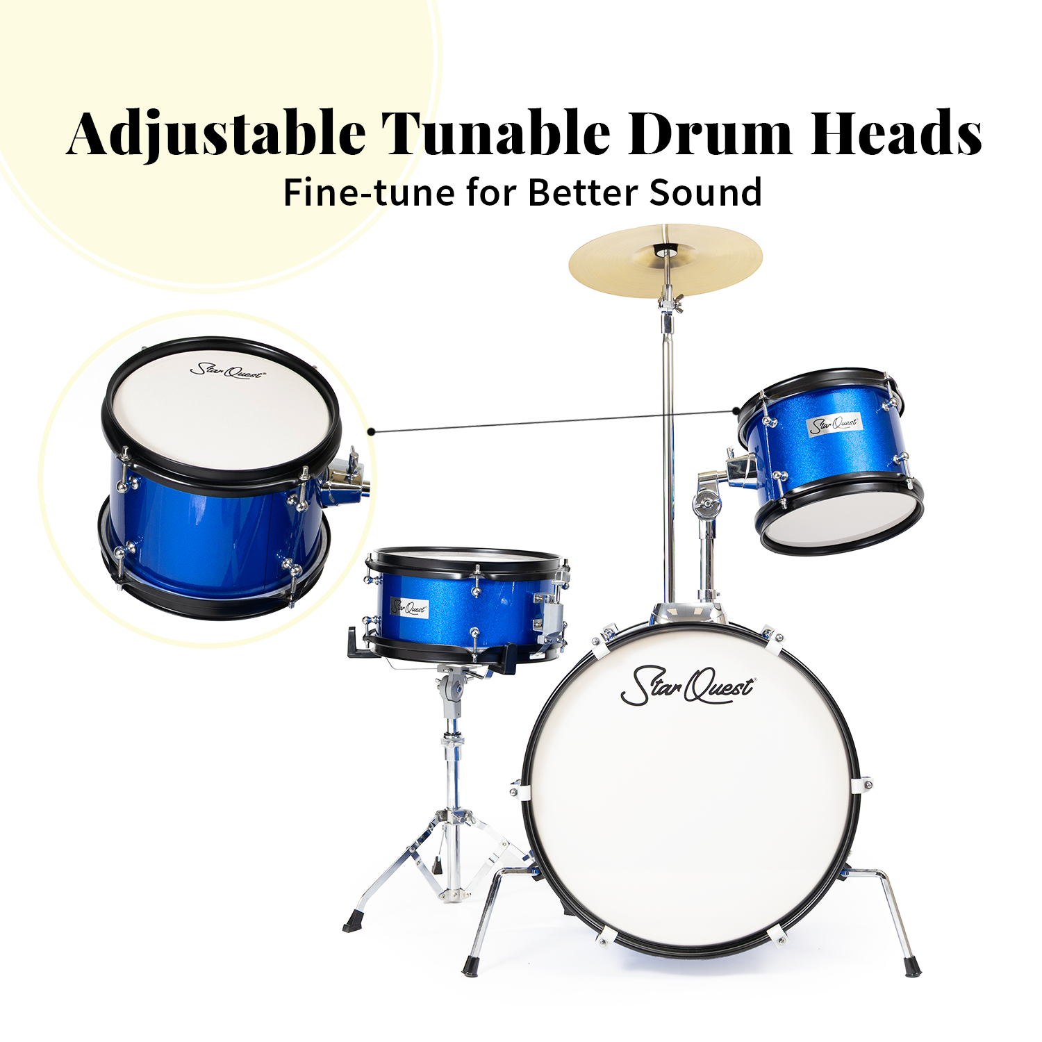 StarQuest Junior 3-Piece Drum Set – Premium Metallic Blue Finish with Bass, Snare, Tom and Crash Cymbal – Perfect for Junior Drummers and Beginners
