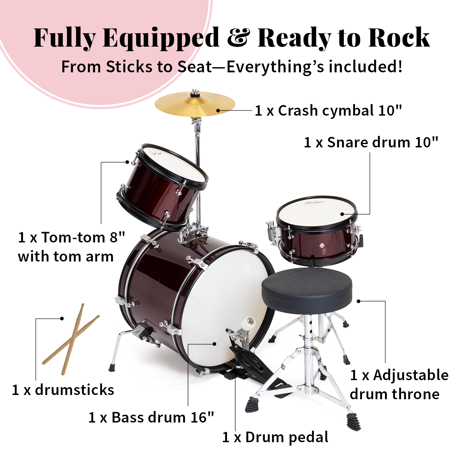 StarQuest Junior 3-Piece Drum Set | Premium Metallic Wine Red Finish