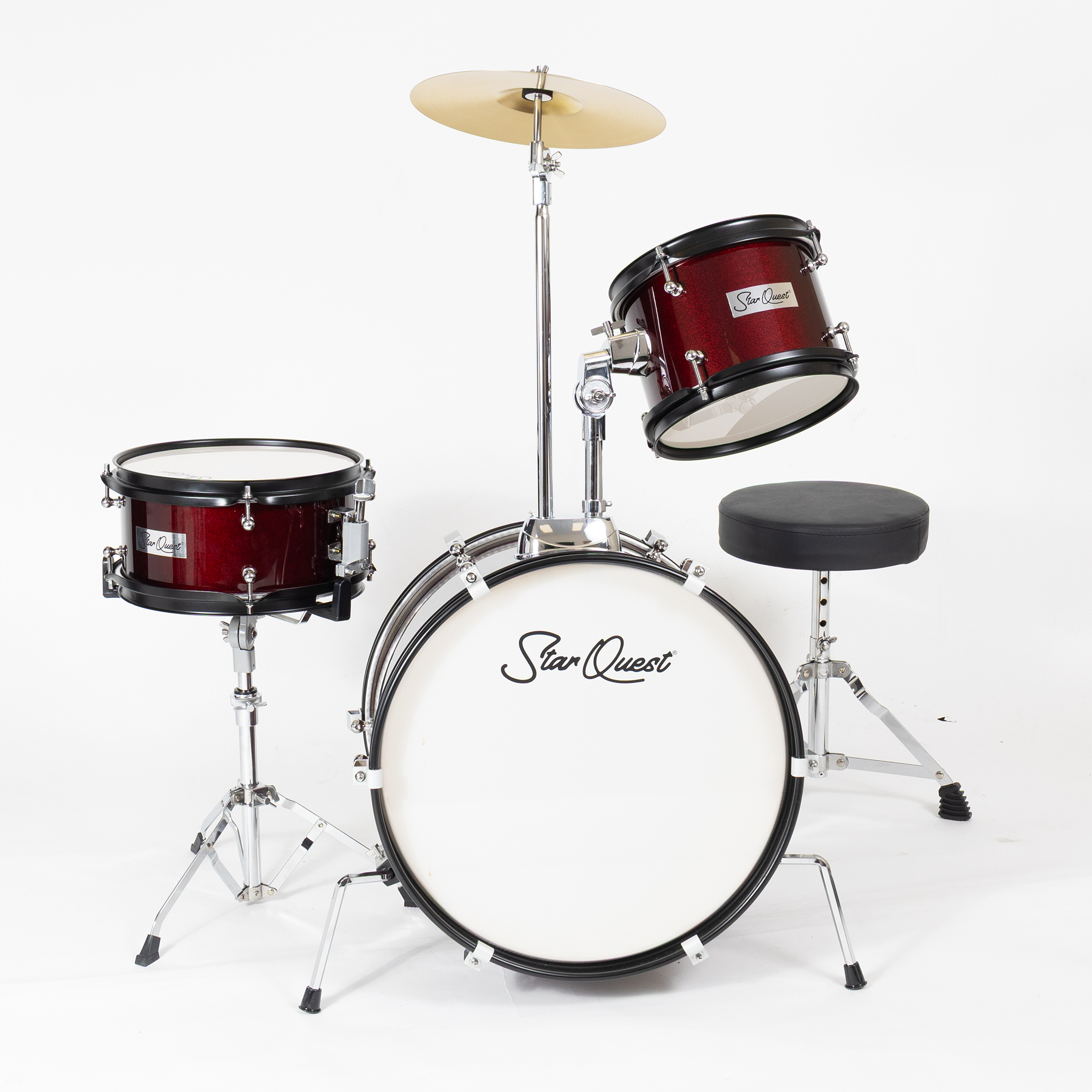 StarQuest Junior 3-Piece Drum Set, Metallic Wine Red Finish with Bass, Snare, Tom and Crash Cymbal, Perfect for Young Drummers and Beginners