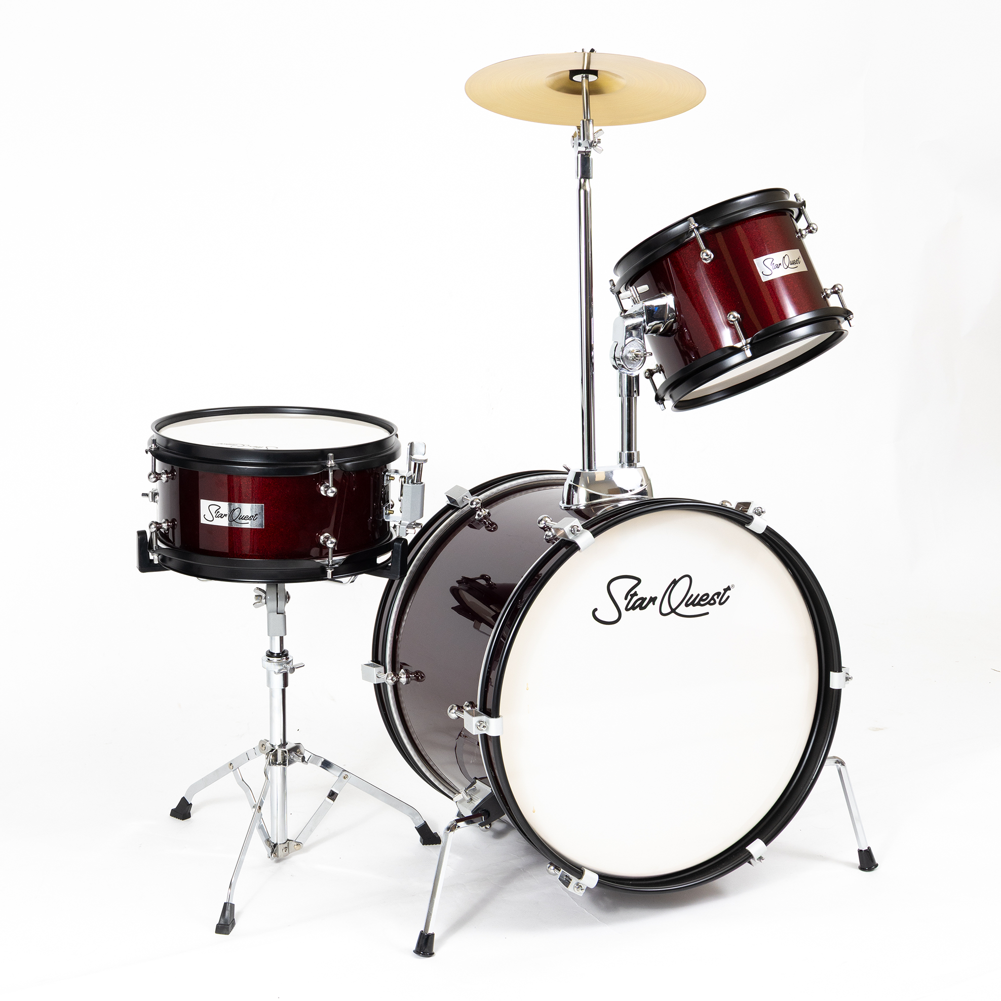 StarQuest Junior 3-Piece Drum Set, Metallic Wine Red Finish with Bass, Snare, Tom and Crash Cymbal, Perfect for Young Drummers and Beginners
