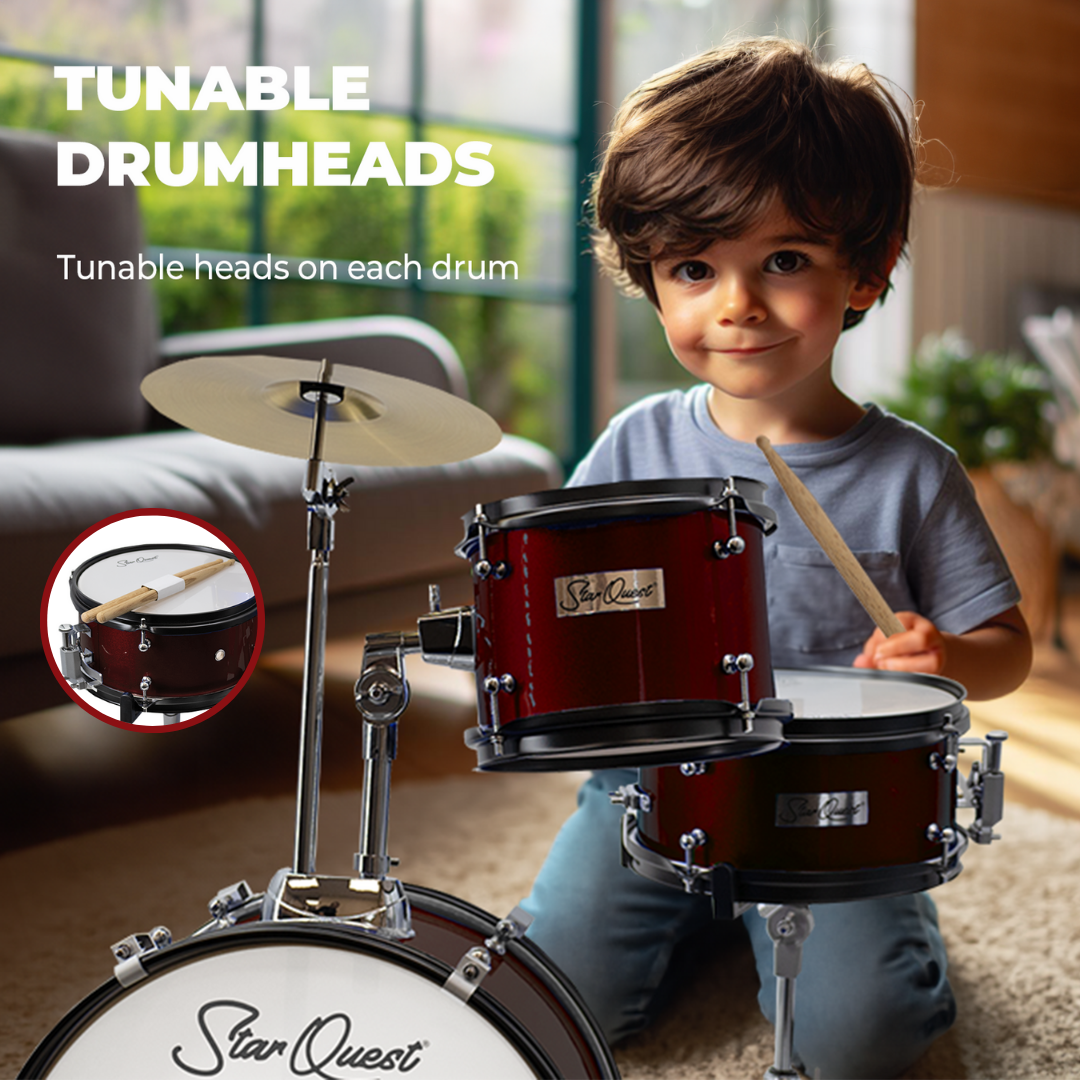 StarQuest Junior 3-Piece Drum Set, Metallic Wine Red Finish with Bass, Snare, Tom and Crash Cymbal, Perfect for Young Drummers and Beginners