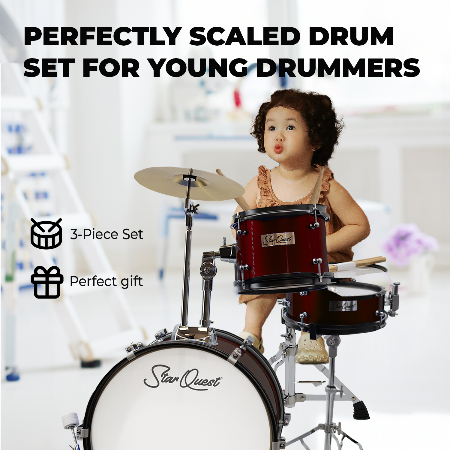 StarQuest Junior 3-Piece Drum Set, Metallic Wine Red Finish with Bass, Snare, Tom and Crash Cymbal, Perfect for Young Drummers and Beginners