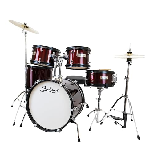 StarQuest Junior 5-Piece Drum Set, Metallic Wine Red Finish with Bass, Snare, 2x Toms, Floor tom, High Hats and Crash Cymbal, Perfect for Young Drummers and Beginners…