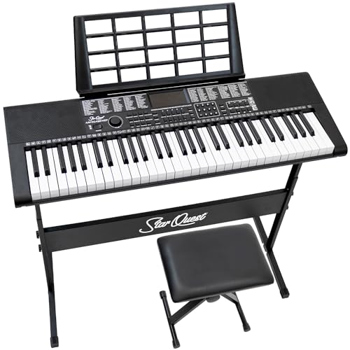 StarQuest 61 Key Portable Electronic Keyboard Piano Kit – Digital Piano for Beginners and Experienced Musicians, With Stand, Bench, Earphones, Pedal, Stickers