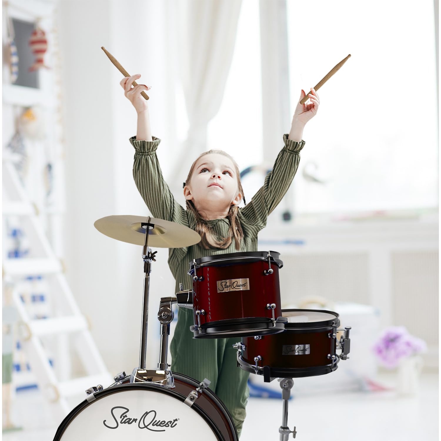 StarQuest Junior 3-Piece Drum Set, Metallic Wine Red Finish with Bass, Snare, Tom and Crash Cymbal, Perfect for Young Drummers and Beginners