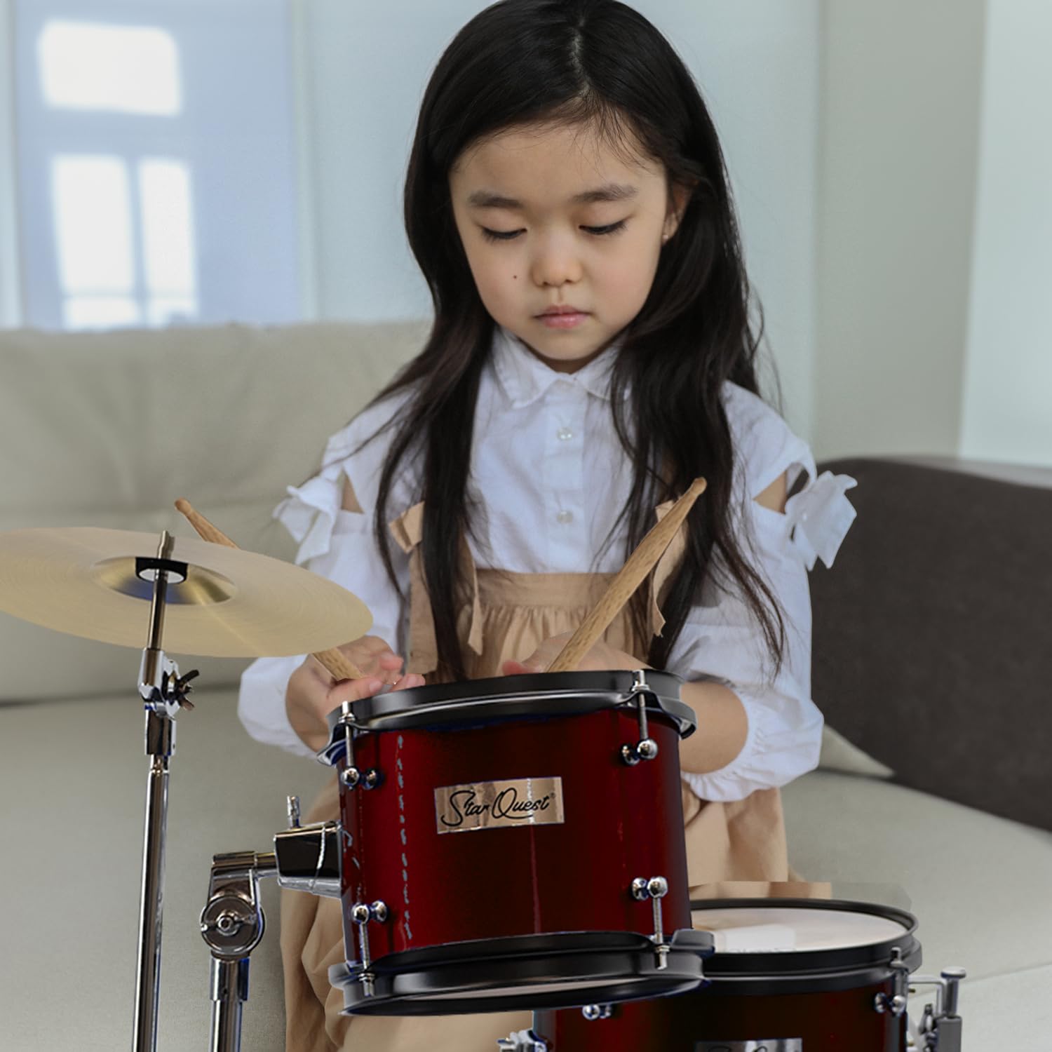 StarQuest Junior 3-Piece Drum Set, Metallic Wine Red Finish with Bass, Snare, Tom and Crash Cymbal, Perfect for Young Drummers and Beginners