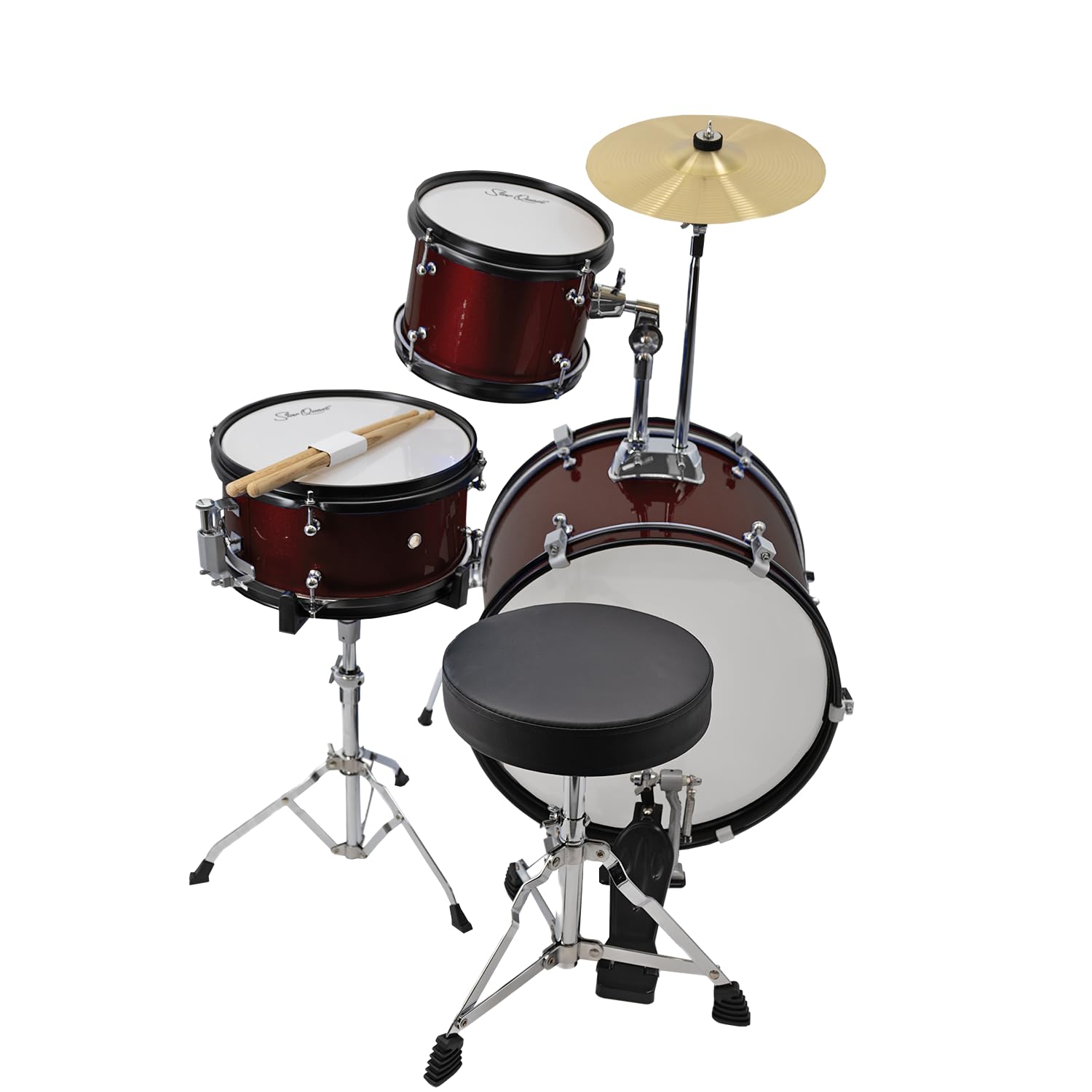 StarQuest Junior 3-Piece Drum Set, Metallic Wine Red Finish with Bass, Snare, Tom and Crash Cymbal, Perfect for Young Drummers and Beginners