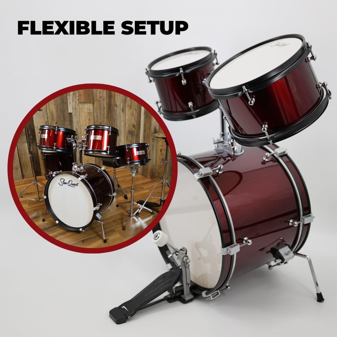 StarQuest Junior 5-Piece Drum Set, Metallic Wine Red Finish with Bass, Snare, 2x Toms, Floor tom, High Hats and Crash Cymbal, Perfect for Young Drummers and Beginners…