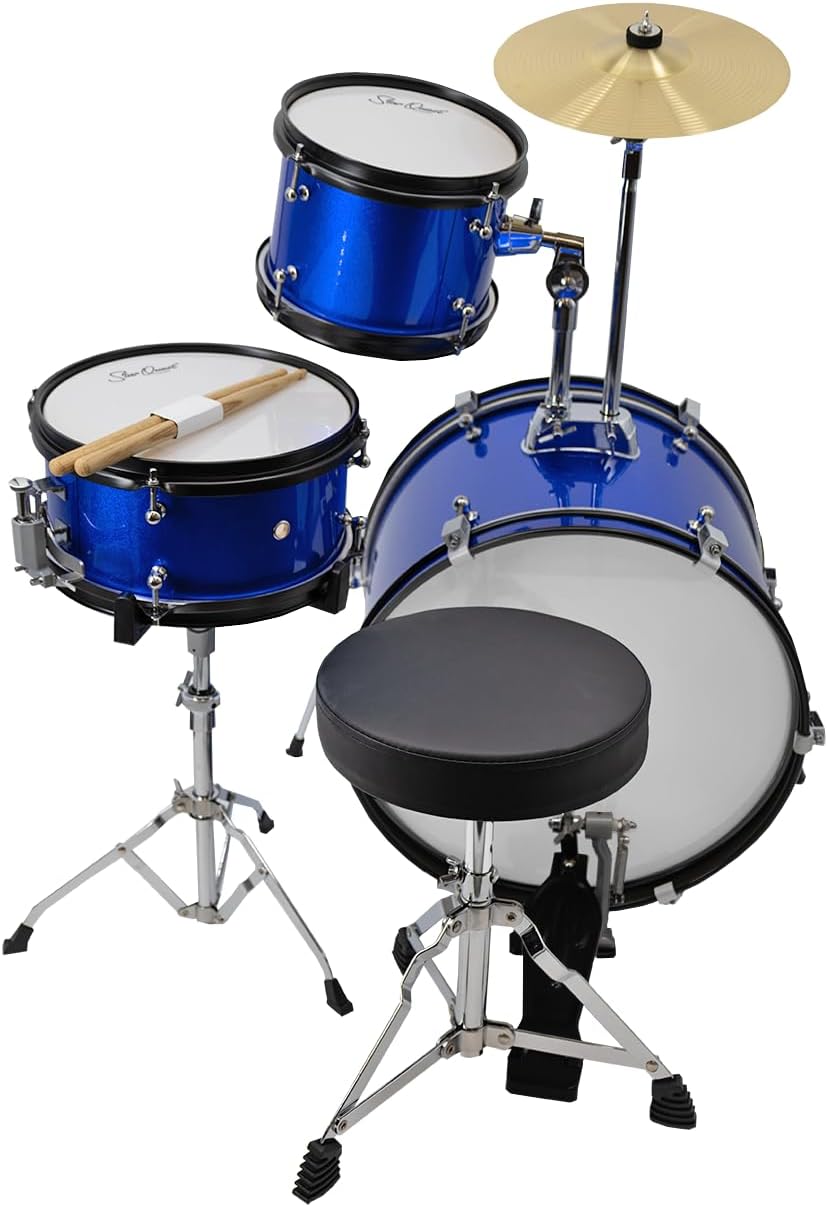 StarQuest Junior 3-Piece Drum Set, Metallic Blue Finish with Bass, Snare, Tom and Crash Cymbal, Perfect for Young Drummers and Beginners