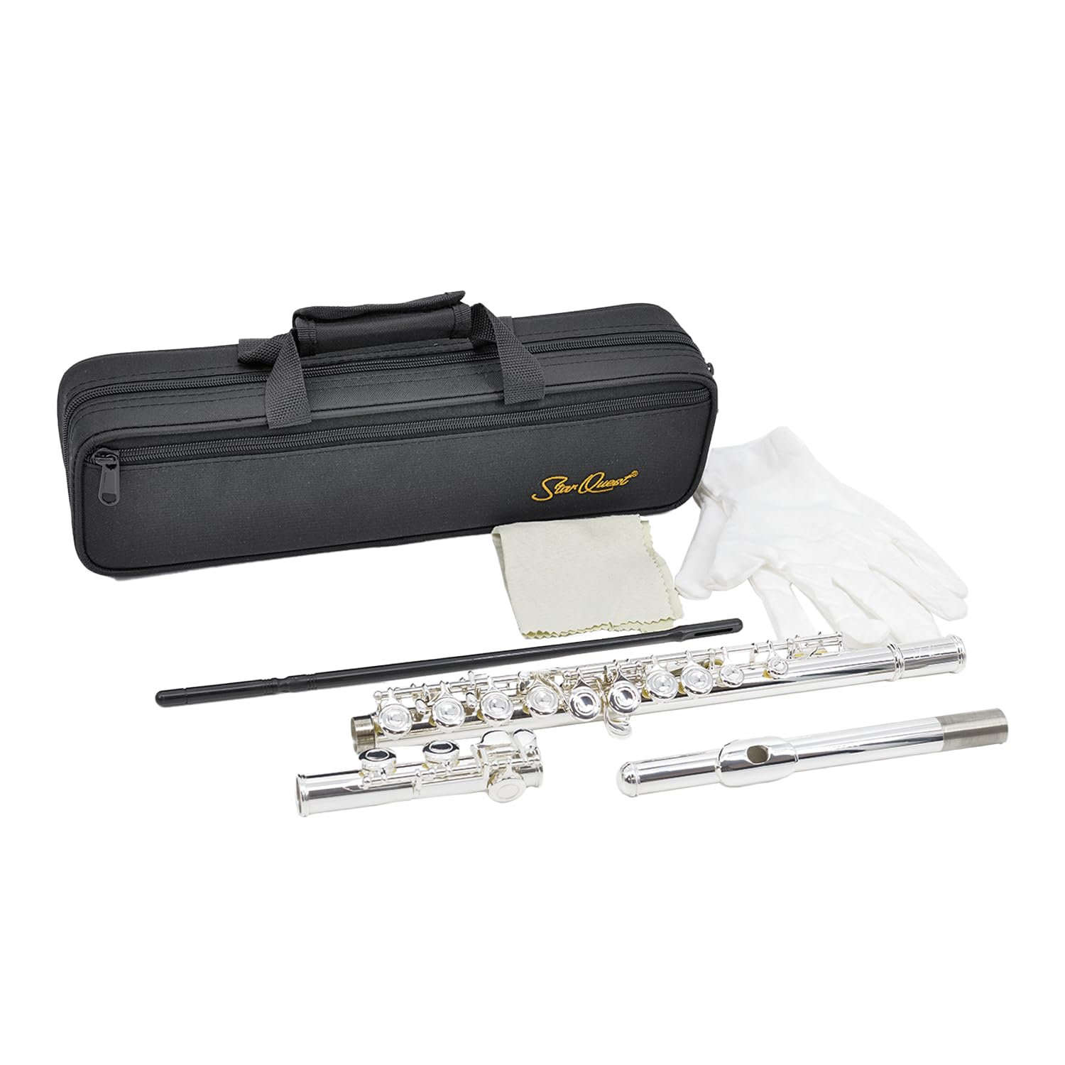 StarQuest Silver-Plated Closed-Hole C Flute Premium Quality Beginners and Experienced Musicians. Includes Protective Case, Cleaning Rod and Gloves