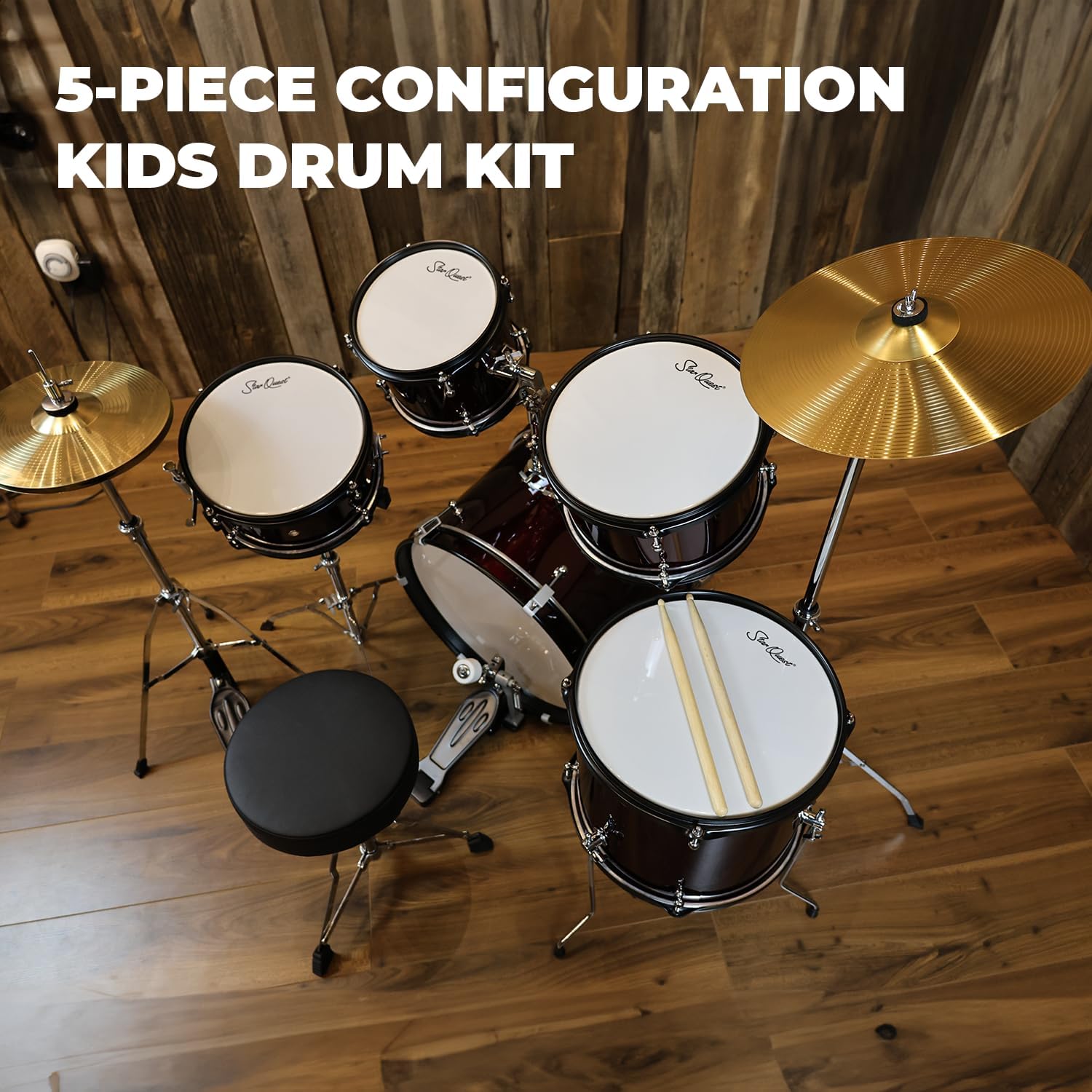 StarQuest Junior 5-Piece Drum Set, Metallic Wine Red Finish with Bass, Snare, 2x Toms, Floor tom, High Hats and Crash Cymbal, Perfect for Young Drummers and Beginners…