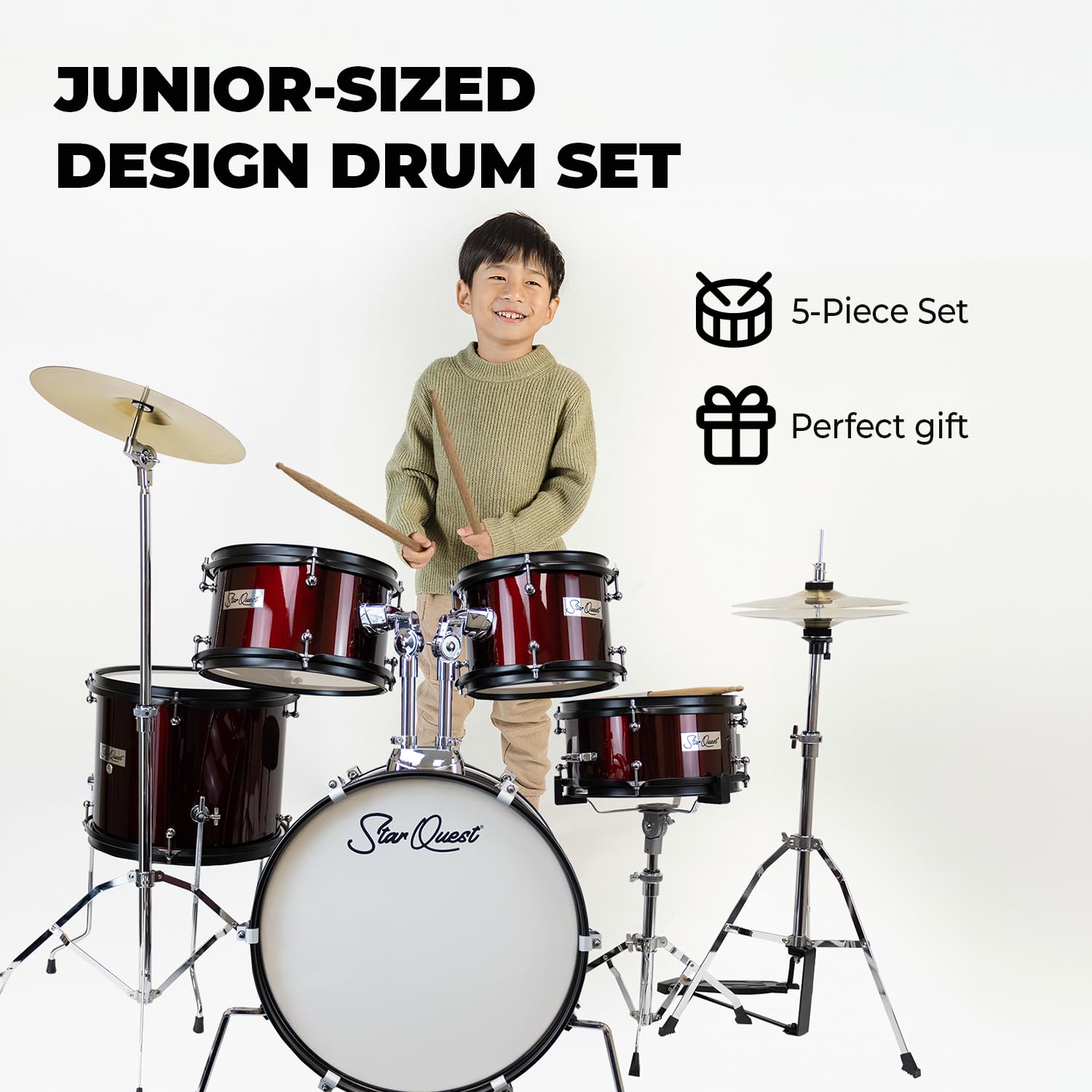 StarQuest Junior 5-Piece Drum Set, Metallic Wine Red Finish with Bass, Snare, 2x Toms, Floor tom, High Hats and Crash Cymbal, Perfect for Young Drummers and Beginners…