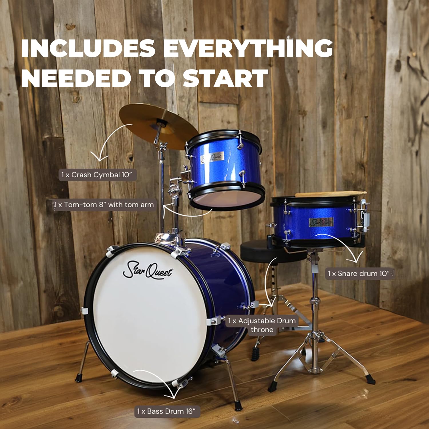 StarQuest Junior 3-Piece Drum Set, Metallic Blue Finish with Bass, Snare, Tom and Crash Cymbal, Perfect for Young Drummers and Beginners