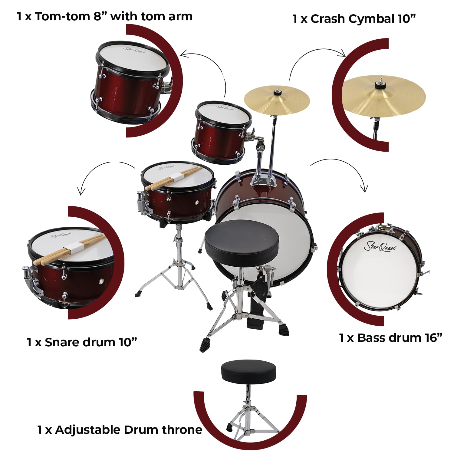 StarQuest Junior 3-Piece Drum Set, Metallic Wine Red Finish with Bass, Snare, Tom and Crash Cymbal, Perfect for Young Drummers and Beginners