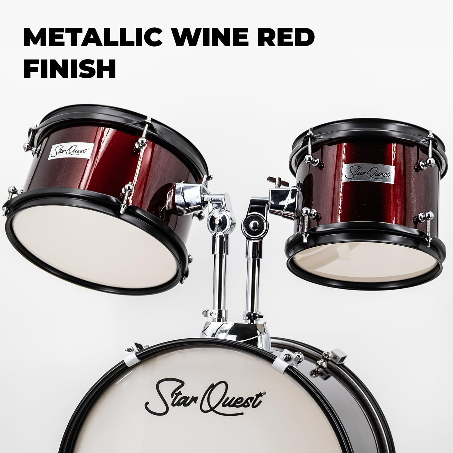 StarQuest Junior 5-Piece Drum Set, Metallic Wine Red Finish with Bass, Snare, 2x Toms, Floor tom, High Hats and Crash Cymbal, Perfect for Young Drummers and Beginners…