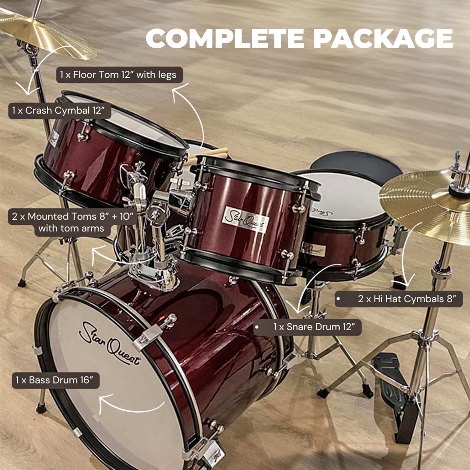 StarQuest Junior 5-Piece Drum Set, Metallic Wine Red Finish with Bass, Snare, 2x Toms, Floor tom, High Hats and Crash Cymbal, Perfect for Young Drummers and Beginners…