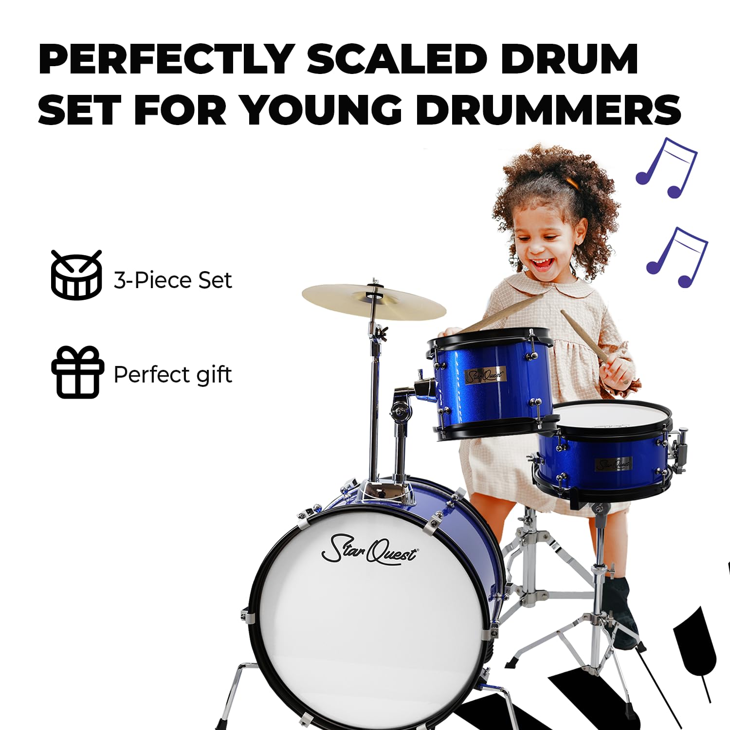 StarQuest Junior 3-Piece Drum Set, Metallic Blue Finish with Bass, Snare, Tom and Crash Cymbal, Perfect for Young Drummers and Beginners