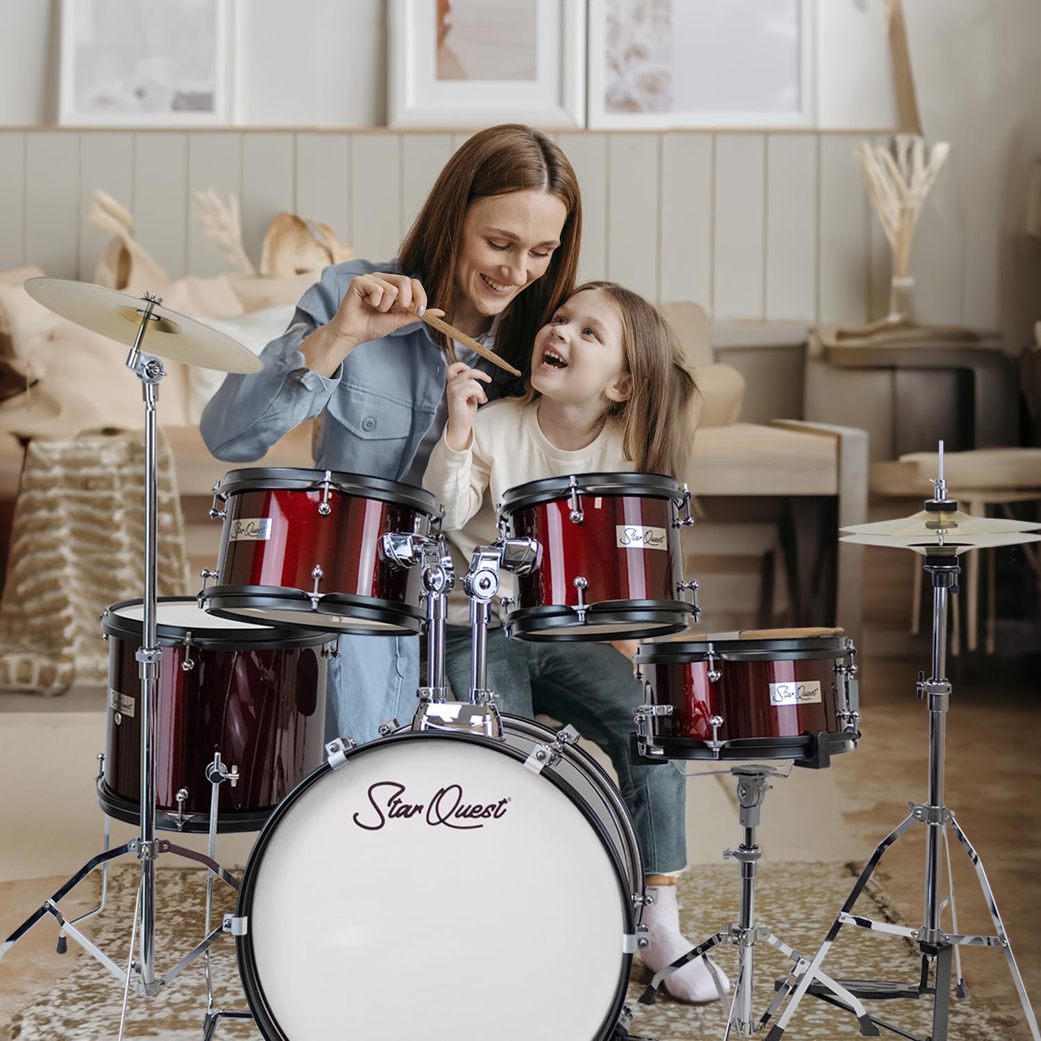 StarQuest Junior 5-Piece Drum Set, Metallic Wine Red Finish with Bass, Snare, 2x Toms, Floor tom, High Hats and Crash Cymbal, Perfect for Young Drummers and Beginners…