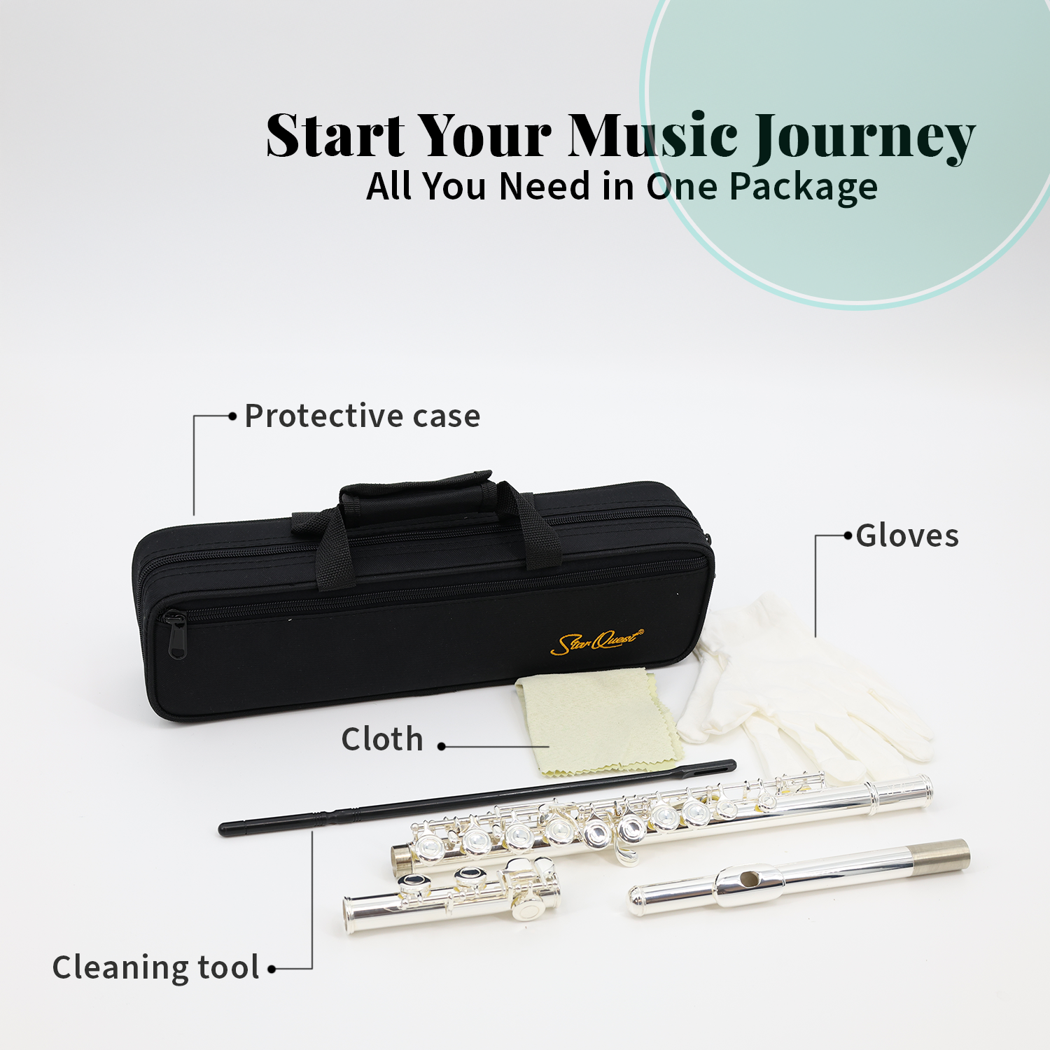 StarQuest Silver-Plated Closed-Hole C Flute Premium Quality Beginners and Experienced Musicians. Includes Protective Case, Cleaning Rod and Gloves