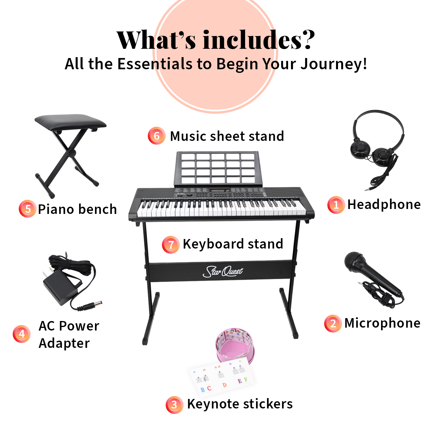 StarQuest 61 Key Portable Electronic Keyboard Piano Kit – Digital Piano for Beginners and Experienced Musicians, With Stand, Bench, Earphones, Pedal, Stickers