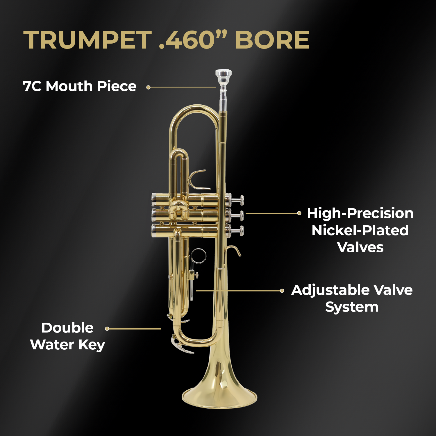 StarQuest Bb Trumpet .460” Bore High-Precision Nickel-Plated Valves, Ideal for Students and Experienced Musicians, Complete with Hard Case & Accessories