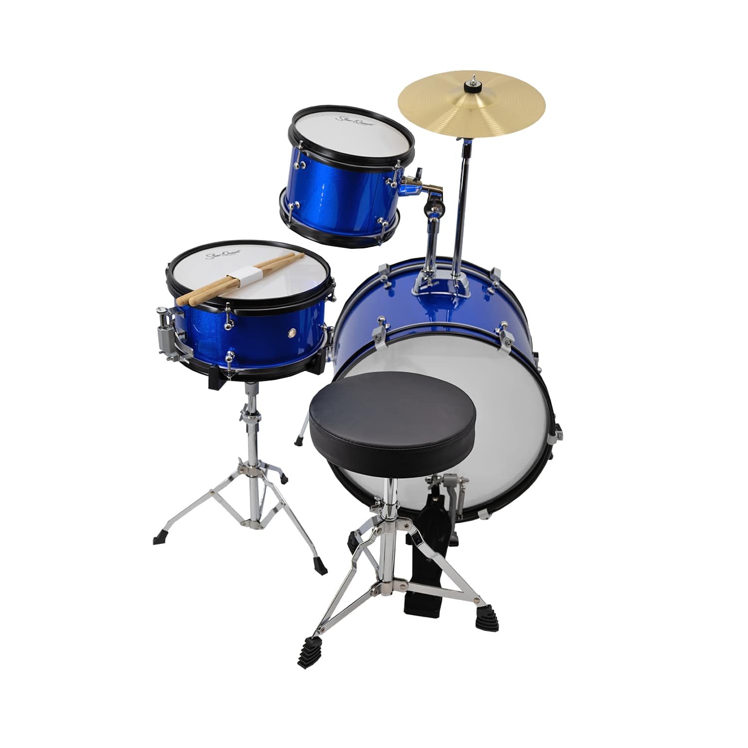 StarQuest Junior 3-Piece Drum Set, Metallic Blue Finish with Bass, Snare, Tom and Crash Cymbal, Perfect for Young Drummers and Beginners